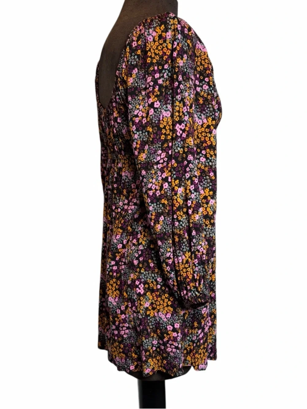 Roxy Floral Mini Dress Size M Boho Peasant Long Sleeve Cottagecore - Picture 3 of 9